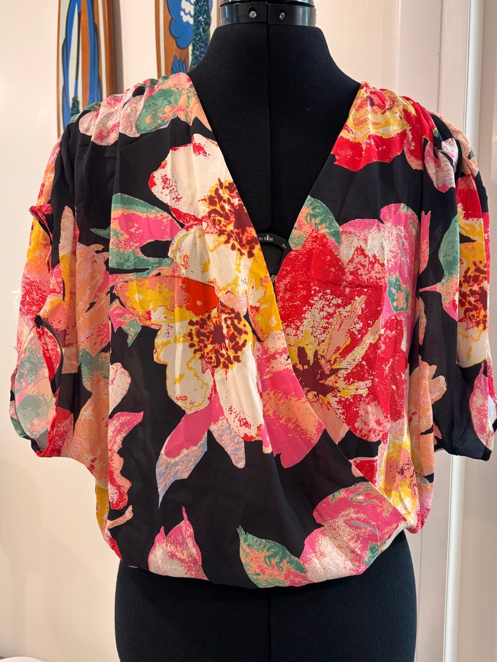 Flying Tomato Floral Wrap-Style V-Neck Blouse bodysuit in Black and Pink